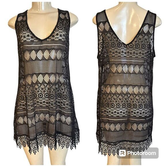 OP BLACK CROCHET LACE PULLOVER SLEEVELESS BEACH COVER UP XL (15-17) SEETHROUGH - Picture 1 of 10